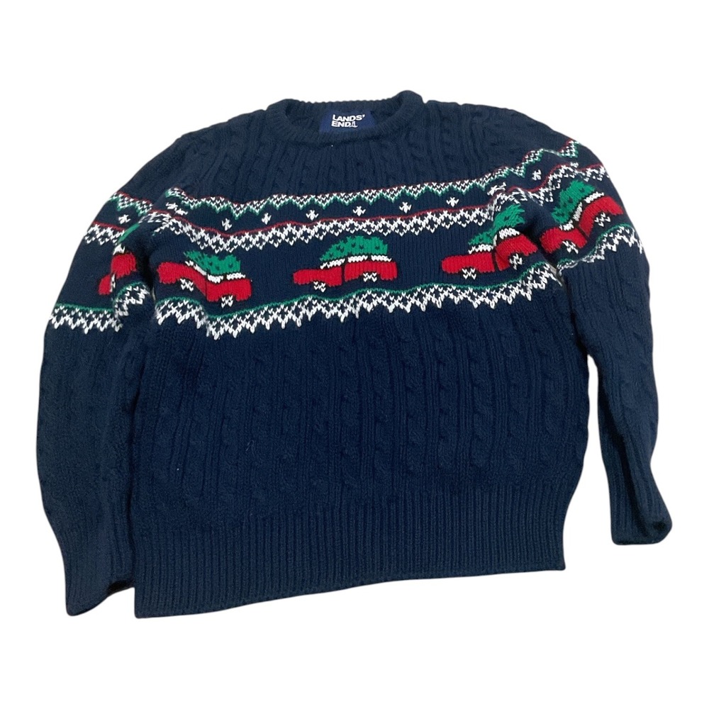Lands End Toddler Boys 2T Navy Blue Cable Knit Christmas Tree Car Sweater Cotton